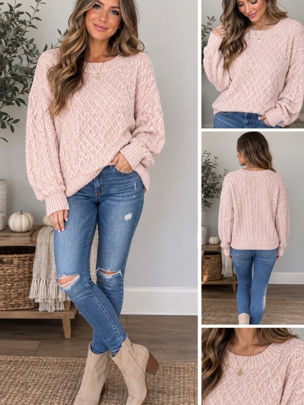 Cozy Cable Knit Sweater - Blush Pink